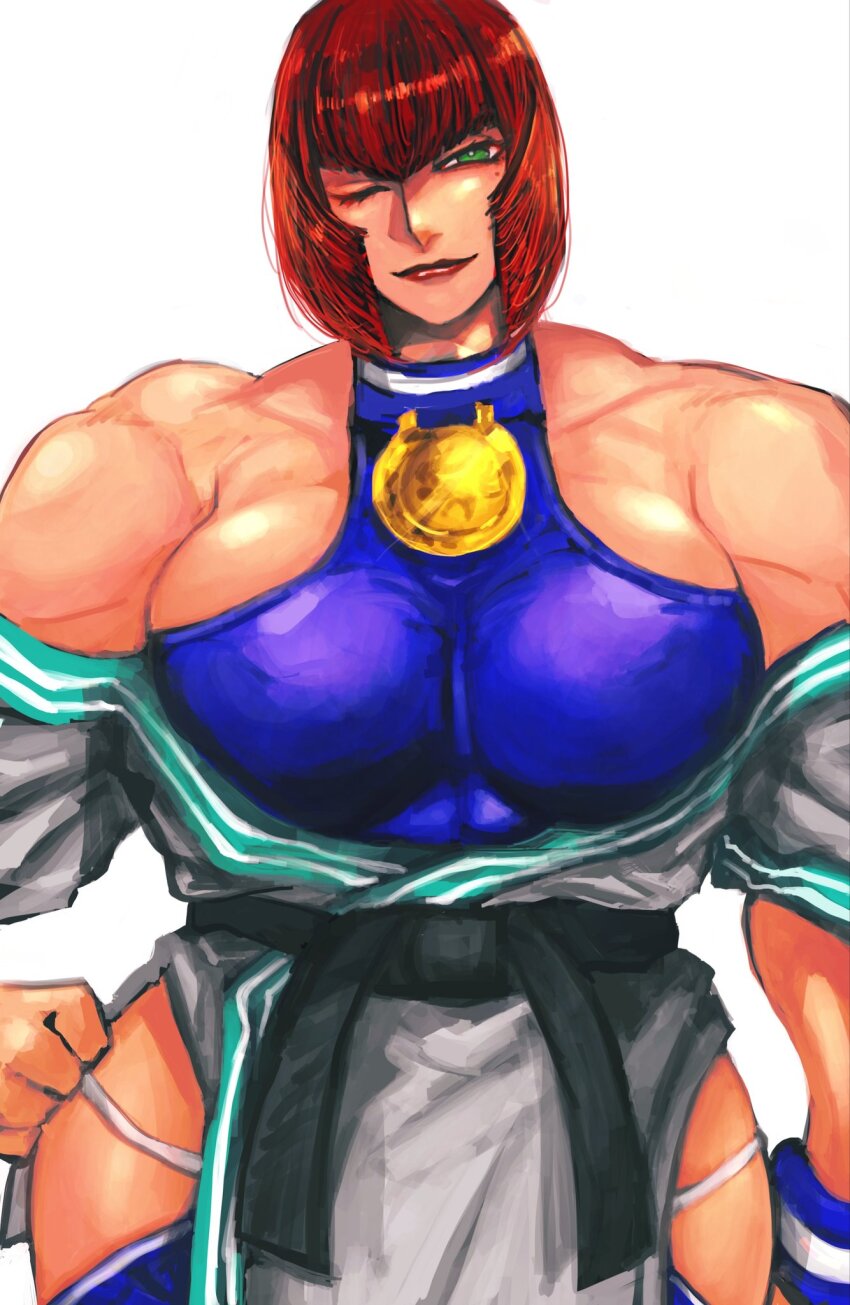 1girl belt black_belt breasts capcom cosplay dougi green_eyes heattech_leotard highres karate_gi large_breasts lipstick makeup manon_legrand_(cosplay) marisa_(street_fighter) medal muscular muscular_female red_hair street_fighter street_fighter_6 wristband zmnjo1440