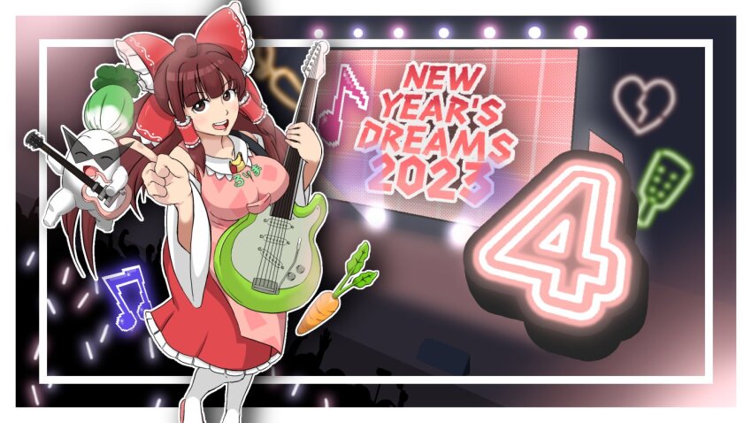1girl 2023 apron ascot blunt_bangs blush bow breasts brown_eyes brown_hair carrot clothes_writing commentary_request cookie_(touhou) daikon detached_sleeves dress electric_guitar feet_out_of_frame frilled_bow frilled_hair_tubes frills guitar hair_bow hair_tubes hakurei_reimu holding holding_guitar holding_instrument index_finger_raised instrument inugou kamina_shades large_breasts long_hair looking_at_viewer musical_note open_mouth pink_apron radish red_bow red_dress reu_daikon rurima_(cookie) second-party_source sidelocks sleeveless sleeveless_dress smile socks teeth touhou upper_teeth_only white_sleeves white_socks wide_sleeves yellow_ascot