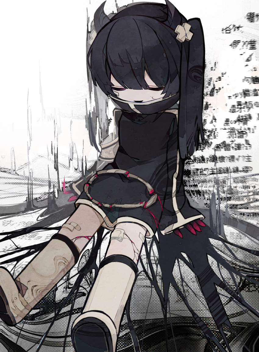 1girl absurdres black_dress black_hair boots broken_halo dress fish_hair_ornament hair_ornament halo halo_removed high_collar highres horns knee_boots long_hair long_sleeves original short_dress side_ponytail solo soresaki