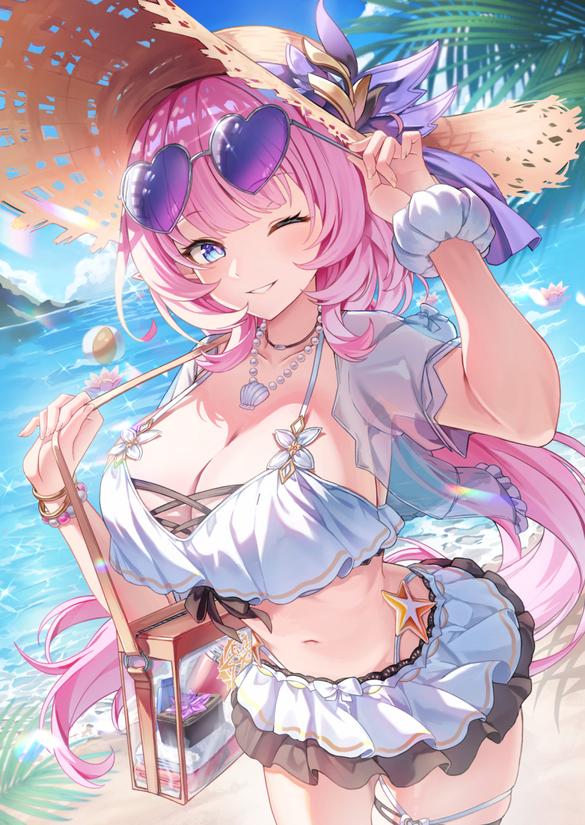 1girl adjusting_eyewear arm_up bag beach bikini bikini_skirt black_choker blue_eyes breasts choker cleavage commentary cowboy_shot elf elysia_(honkai_impact) elysia_(miss_pink_elf)_(honkai_impact) elysia_(summer_miss_elf)_(honkai_impact) eyewear_on_head grin halterneck hand_on_eyewear hand_up hat heart heart-shaped_eyewear highleg highres honkai_(series) honkai_impact_3rd jacket jewelry kinyouny large_breasts long_hair looking_at_viewer low_ponytail midriff navel necklace official_alternate_costume one_eye_closed open_clothes open_jacket pink_hair pointy_ears ponytail scrunchie see-through_clothes see-through_jacket shoulder_bag skindentation smile solo stomach strap_gap straw_hat sunglasses swimsuit thigh_strap very_long_hair white_bikini white_jacket wrist_scrunchie