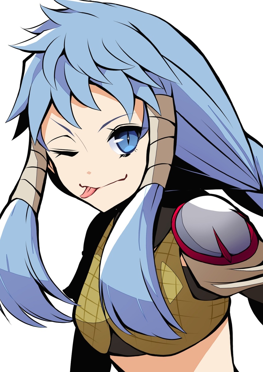 1girl armor blue_eyes blue_hair digimon digimon_(creature) highres long_hair looking_at_viewer mask minervamon mitosupa_(qsiqydfz7nesh9w) one_eye_closed simple_background solo tongue tongue_out unworn_mask white_background