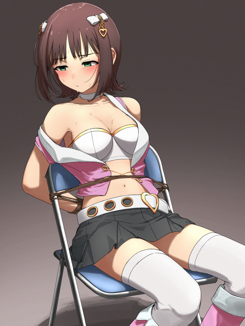 1girl amami_haruka ankle_boots arms_behind_back bdsm bondage boots bound breasts brown_hair cleavage crop_top dochi_(dosa_dosa_dosa) female_focus green_eyes highres idolmaster luxury_(idolmaster) medium_breasts medium_hair miniskirt navel on_chair pink_diamond_765_(idolmaster) restrained rope skirt solo tears thighhighs white_thighhighs