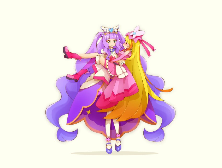 2girls ankle_boots blonde_hair blunt_bangs boots bow carrying choker coattails crop_top cure_butterfly cure_majesty dress elbow_gloves ellee-chan frilled_skirt frills full_body gloves green_eyes hair_ornament high-low_dress highres hijiri_ageha hirogaru_sky!_precure long_hair looking_at_another magical_girl multiple_girls pink_boots pink_hair pink_skirt precure princess_carry puffy_short_sleeves puffy_sleeves purple_dress purple_hair purple_thighhighs short_sleeves simple_background single_thighhigh skirt smile standing thigh_strap thighhighs two_side_up very_long_hair white_background white_gloves wing_hair_ornament yuu13
