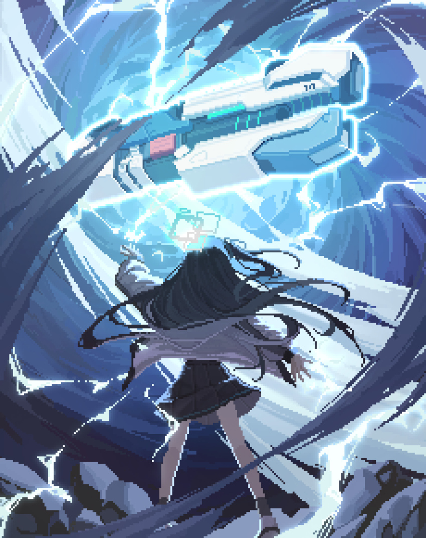 1girl absurdres aris_(blue_archive) arm_up black_hair black_skirt blue_archive commentary_request facing_away from_behind gun halo highres long_hair pixel_art pleated_skirt skirt soeyumi solo standing weapon