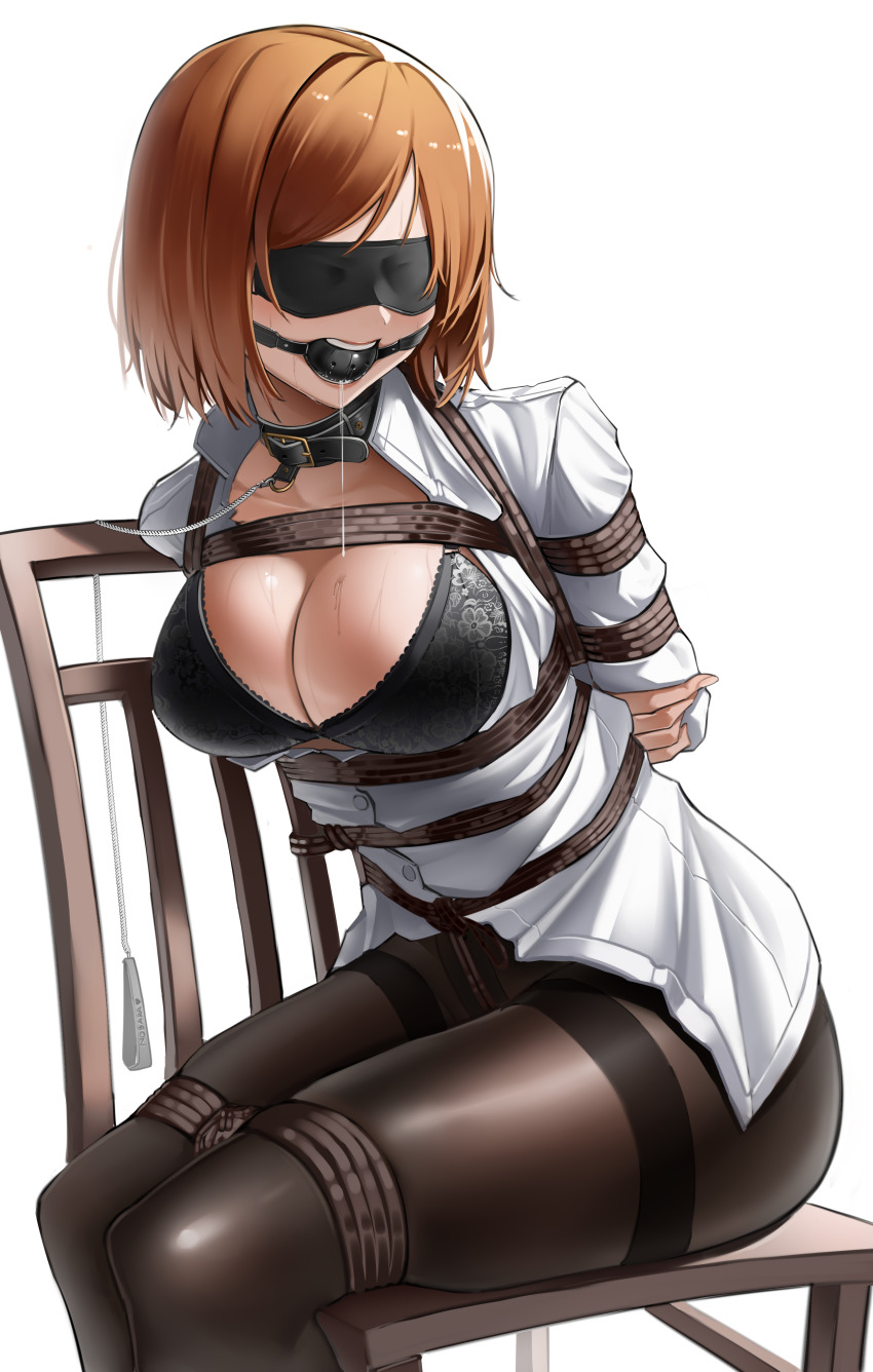 1girl absurdres angry arms_behind_back ball_gag bdsm black_bra black_pantyhose blindfold blouse bob_cut bondage bound bound_arms bound_legs bra breast_bondage breasts buttons chain chain_leash chained chair cleavage collar commentary crotch_rope food fruit gag gagged harris_hero highres jujutsu_kaisen kugisaki_nobara large_breasts leash leather_collar lingerie on_chair orange_(fruit) orange_hair pantyhose partially_unbuttoned restrained rope saliva shibari shibari_over_clothes shirt short_hair simple_background sitting sitting_sideways solo teeth thighband_pantyhose tied_to_chair underwear white_shirt wiffle_gag
