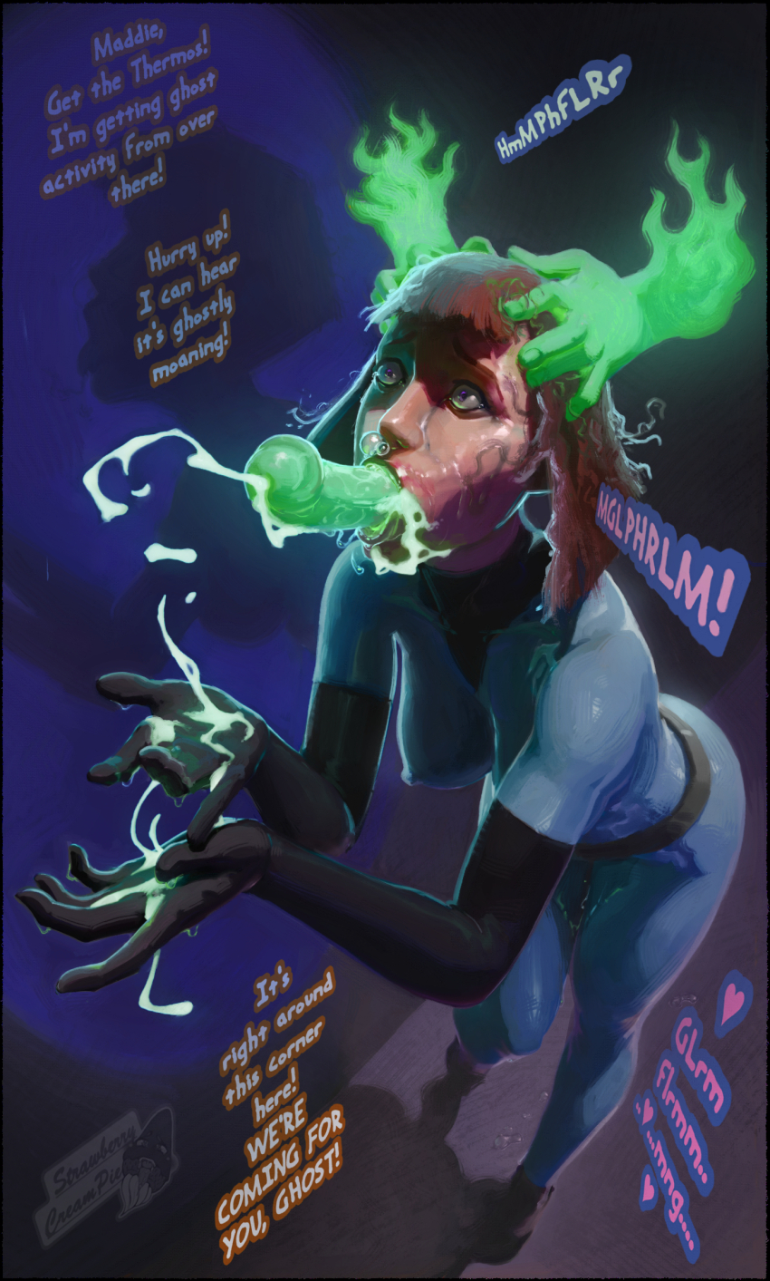 1girl artist_name black_boots black_gloves blue_bodysuit bob_cut bodysuit boots cum danny_phantom ejaculation elbow_gloves ghost gloves hands_on_another&#039;s_head highres impossible_bodysuit impossible_clothes maddie_fenton mind_break orange_hair purple_eyes rape strawberrycreampie veins