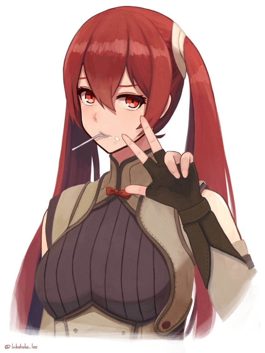 artist_name breasts eyelashes fire_emblem fire_emblem_awakening food food_on_face hair_between_eyes highres labebebe_lee large_breasts long_hair looking_at_viewer nintendo red_eyes red_hair severa_(fire_emblem) spoon twintails twitter_username utensil_in_mouth w