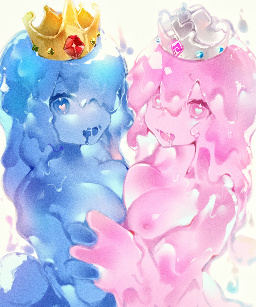 absurdres blue_gemstone blue_skin breast_press breasts colored_skin commentary crown gem green_gemstone hair_between_eyes hair_over_one_eye heart heart-shaped_pupils highres holding_hands king king_slime_(terraria) looking_at_viewer medium_breasts monster_girl nipples open_mouth pink_gemstone pink_skin queen queen_slime_(terraria) red_gemstone saliva shu_(pjxv7485) simple_background slime_(substance) slime_girl symbol-shaped_pupils symmetrical_docking terraria upper_body white_background