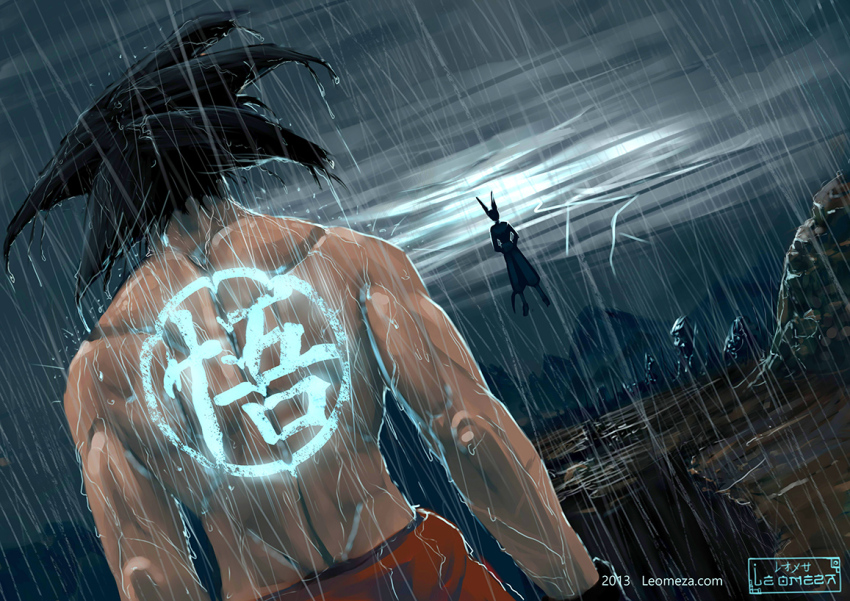2013 2boys artist_name back beerus black_hair dragon_ball dragon_ball_super dragon_ball_z dragon_ball_z_kami_to_kami dragonball_z facial_mark leomezamx male_focus multiple_boys rain son_goku spiked_hair tattoo thunder topless_male watermark web_address