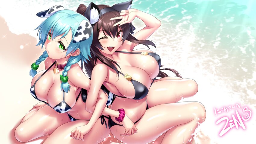 2girls ;d animal_collar animal_ear_fluff animal_ears animal_print ao_no_kanata_no_four_rhythm arm_up back-to-back beach bikini black_bikini black_hair blue_hair blush braid breasts cat_ears closed_mouth collar commentary_request commission cow_print cow_print_bikini curvy day dog_ears fake_animal_ears feet_out_of_frame green_eyes hair_between_eyes halterneck happy highres inui_saki large_breasts locked_arms long_hair looking_at_viewer multiple_girls ocean one_eye_closed open_mouth outdoors paw_print pink_scrunchie print_bikini red_eyes scrunchie second-party_source shiny_skin side-tie_bikini_bottom sidelocks signature sitting skeb_commission smile sparkle swimsuit teeth thighs tobisawa_misaki twin_braids upper_teeth_only v v_over_head wariza wet wrist_scrunchie zen_(kamuro)