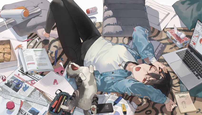 1girl black_hair black_pants book carpet cat cellphone computer cushion denim denim_jacket ericx_gasi food hand_on_own_head highlighter highres holding holding_pen indoors jacket jewelry laptop looking_at_viewer lying messy necklace newspaper no_shoes notepad on_back one_eye_closed open_clothes open_jacket open_mouth original pants paper pen pencil_case phone red_eyes ruler scissors shirt socks solo tissue twitter_username white_shirt yawning