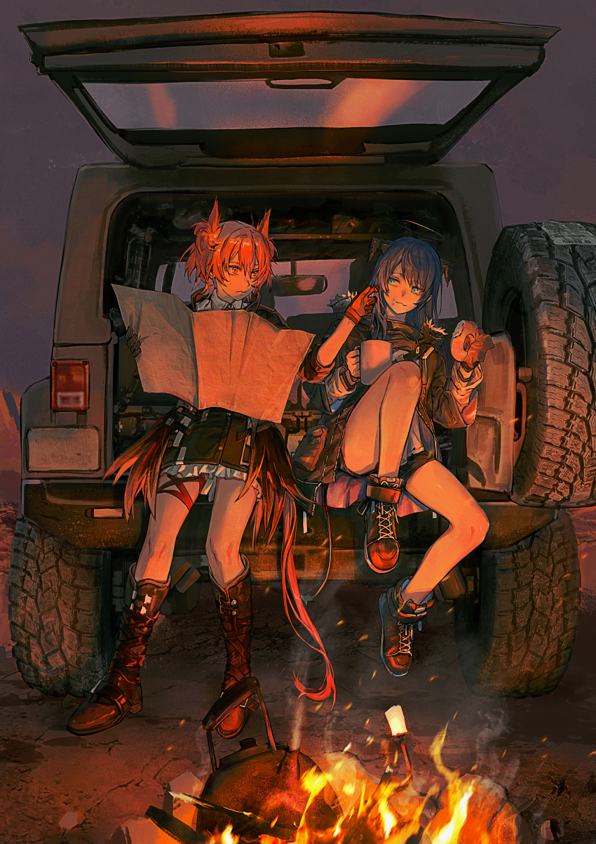 2girls absurdres animal_ears aqua_eyes arknights bird_ears bird_girl black_halo black_jacket blue_hair campfire car car_trunk dark_halo deatiose demon_horns demon_tail donut dusk eating feather_hair fiammetta_(arknights) food fur-trimmed_hood fur-trimmed_jacket fur_trim halo hand_on_another&#039;s_cheek hand_on_another&#039;s_face highres holding holding_map hood horns jacket jeep_(company) jeep_wrangler kettle long_hair map mostima_(arknights) motor_vehicle multiple_girls red_eyes red_hair sitting sports_utility_vehicle tail very_long_hair