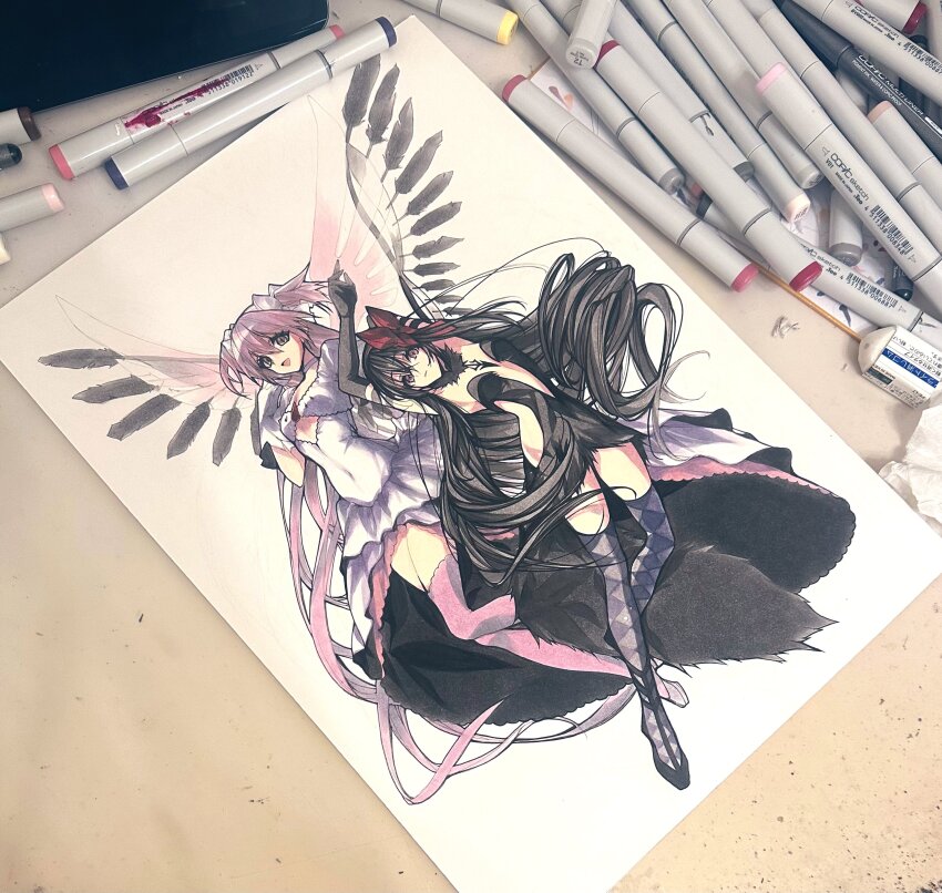 2girls absurdres akemi_homura akuma_homura argyle_clothes argyle_thighhighs art_tools_in_frame black_dress black_hair bow choker clothing_cutout covered_navel cutout_above_navel dress feathered_wings full_body hair_bow highres kaname_madoka mahou_shoujo_madoka_magica mahou_shoujo_madoka_magica:_hangyaku_no_monogatari marker_(medium) misteor multiple_girls photo_(medium) pink_hair pink_thighhighs red_bow side_cutout strapless strapless_dress thighhighs traditional_media two_side_up ultimate_madoka white_bow white_choker white_dress wings