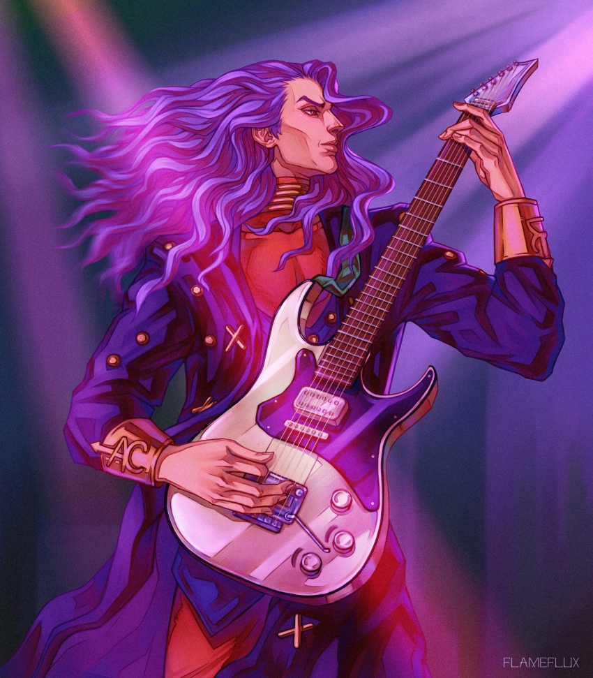 absurdres brown_eyes character_name coat fingernails full_body glowing gradient_background guitar highres holding instrument jacket jewelry jojo_no_kimyou_na_bouken long_hair male_focus otoishi_akira pale_skin portrait profile purple_background purple_hair solo standing very_long_hair