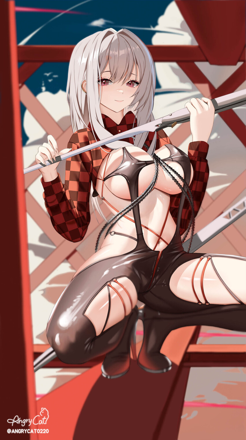 1girl absurdres angrycat_(tkuw2438) bodysuit breasts brown_eyes checkered_clothes closed_mouth clothing_cutout goddess_of_victory:_nikke grey_hair high_heels highres large_breasts latex latex_bodysuit long_hair long_sleeves looking_at_viewer navel official_alternate_costume red_shrug scarlet_(nikke) scarlet_(racer&#039;s_high)_(nikke) skin_tight smile solo stellar_blade stomach strap sword weapon