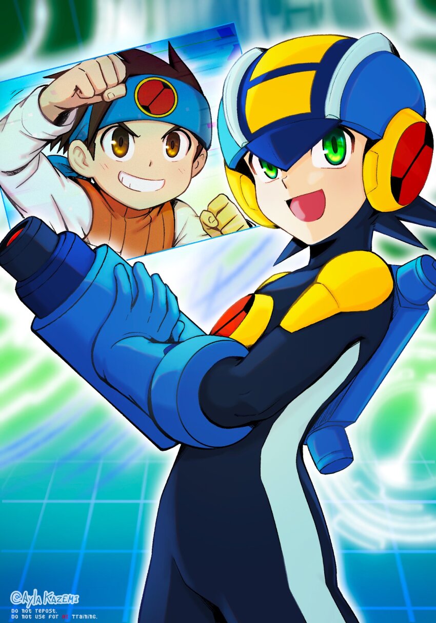 2boys arm_cannon ayla_kazemi blue_bodysuit blue_headband blue_helmet bodysuit brothers brown_eyes brown_hair clenched_hands cowboy_shot green_eyes headband helmet highres holographic_monitor lan_hikari_(mega_man) male_focus mega_man_(series) mega_man_battle_network_(series) megaman.exe multiple_boys orange_vest shirt siblings solo_focus twins twitter_username vest watermark weapon white_shirt