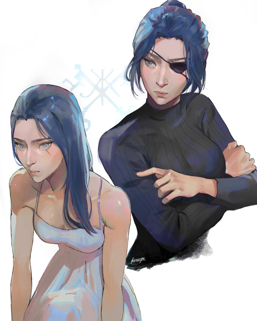 arcane:_league_of_legends arcane_caitlyn artist_name bare_shoulders black_dress blue_hair breasts caitlyn_(league_of_legends) cleavage crossed_arms dress fae_(faereiyon) highres large_breasts league_of_legends long_hair long_sleeves multiple_views ponytail scar scar_across_eye scar_on_face sweater turtleneck turtleneck_sweater upper_body white_dress