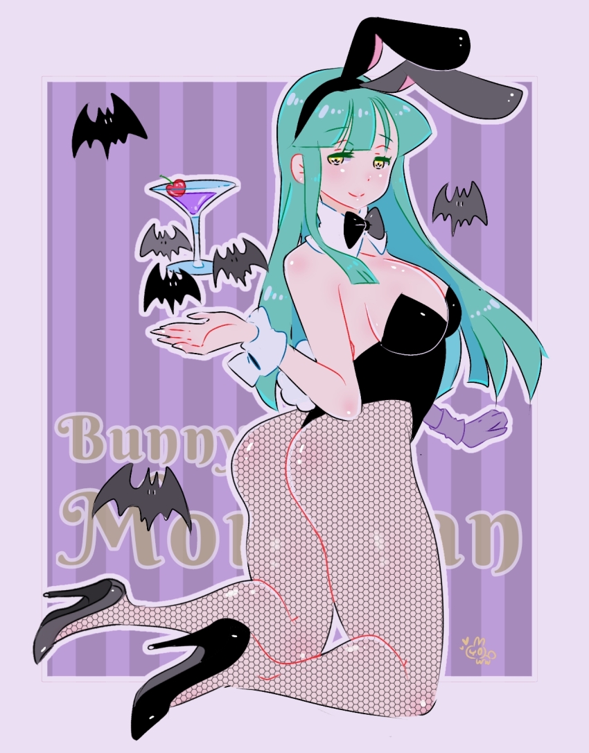 1girl alternate_costume arm_at_side artist_logo ass bat_(animal) black_bow black_bowtie black_leotard black_pantyhose black_shoes bow bowtie capcom closed_mouth collar cup darkstalkers detached_collar dot_nose eyebrows_hidden_by_hair female_focus fishnet_pantyhose fishnets from_behind green_hair half-closed_eyes hand_up high_heels huge_ass kneeling leotard logo long_hair morrigan_aensland naughty_face pantyhose purple_background shoes simple_background smile solo strapless strapless_leotard telekinesis twisted_torso white_collar wrist_cuffs y.o_(chuchu) yellow_eyes