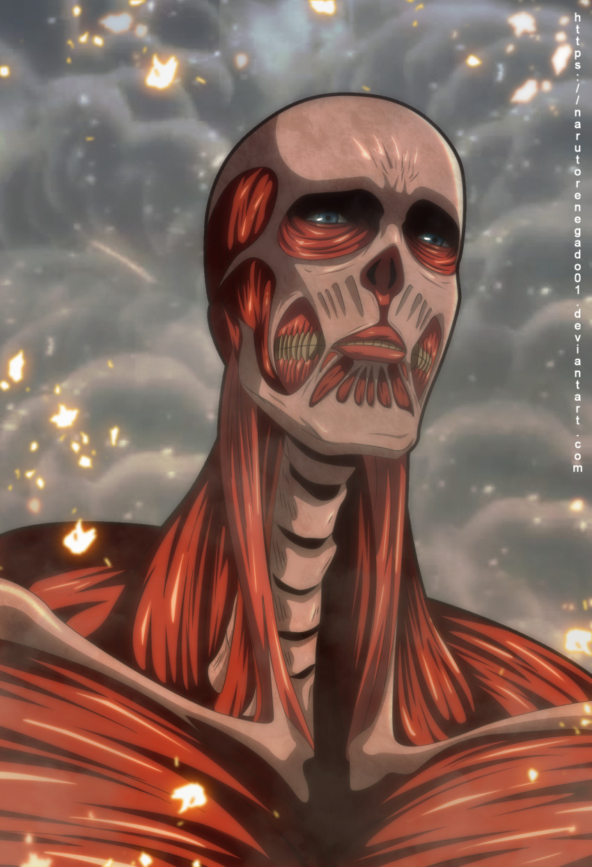armin_arlert artist_name blue_eyes breasts collarbone colossal_titan comic_panel_redraw commentary derivative_work english_commentary highres light_particles monster narutorenegado official_style parted_lips portrait shingeki_no_kyojin smoke solo spoilers titan_(shingeki_no_kyojin) watermark web_address