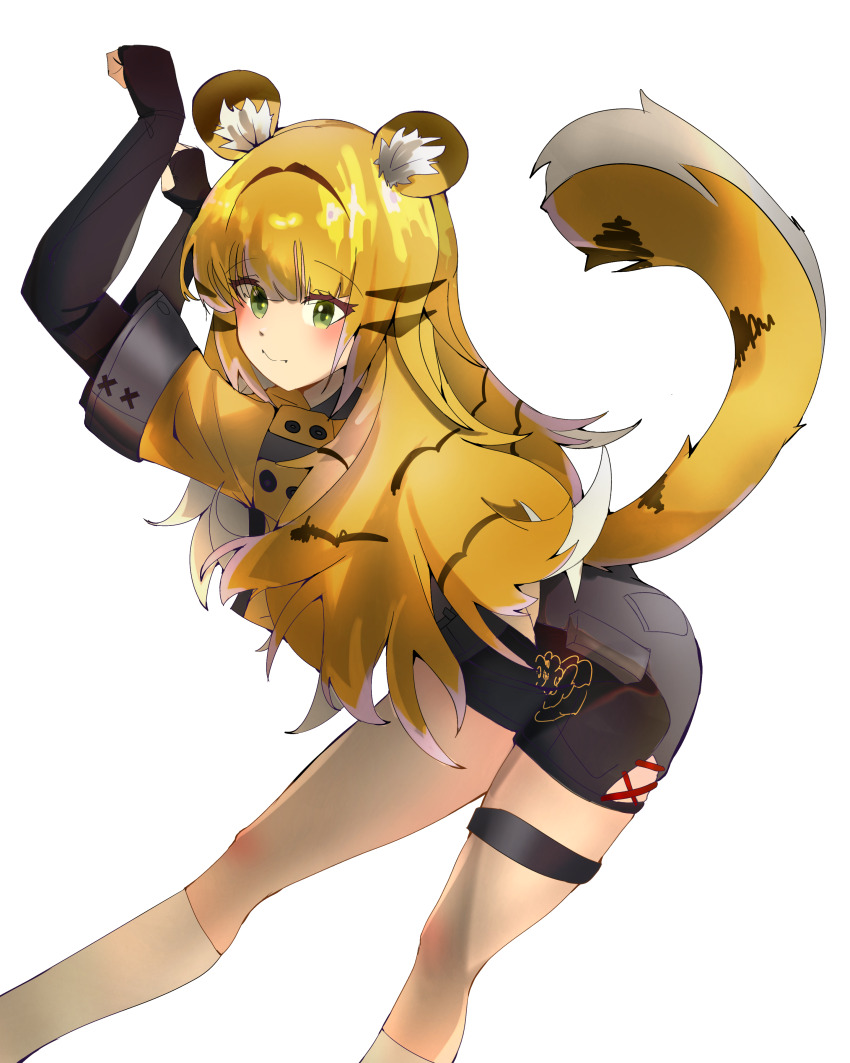 1girl absurdres animal_ear_fluff animal_ears anzsu black_shorts blonde_hair green_eyes high-waist_shorts highres jacket ju_fufu long_hair looking_at_viewer open_mouth orange_fur shirt shorts simple_background smile solo striped_fur tail tail_ornament tiger_ears tiger_girl tiger_tail white_background zenless_zone_zero