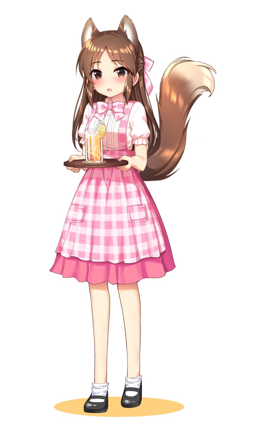 1girl absurdres animal_ears apron black_shoes blush bow bowtie brown_eyes brown_hair commentary_request drinking_straw food fruit full_body glass go-1 hair_bow half_updo highres holding holding_tray idolmaster idolmaster_cinderella_girls lemon lemon_slice lemonade long_hair looking_at_viewer mary_janes multicolored_apron multicolored_bow multicolored_bowtie open_mouth parted_bangs pink_apron pink_bow pink_bowtie pink_skirt puffy_sleeves shirt shoes short_sleeves sidelocks simple_background skirt socks solo squirrel_ears squirrel_girl squirrel_tail standing tachibana_arisu tail tail_raised tray waitress white_background white_shirt white_socks