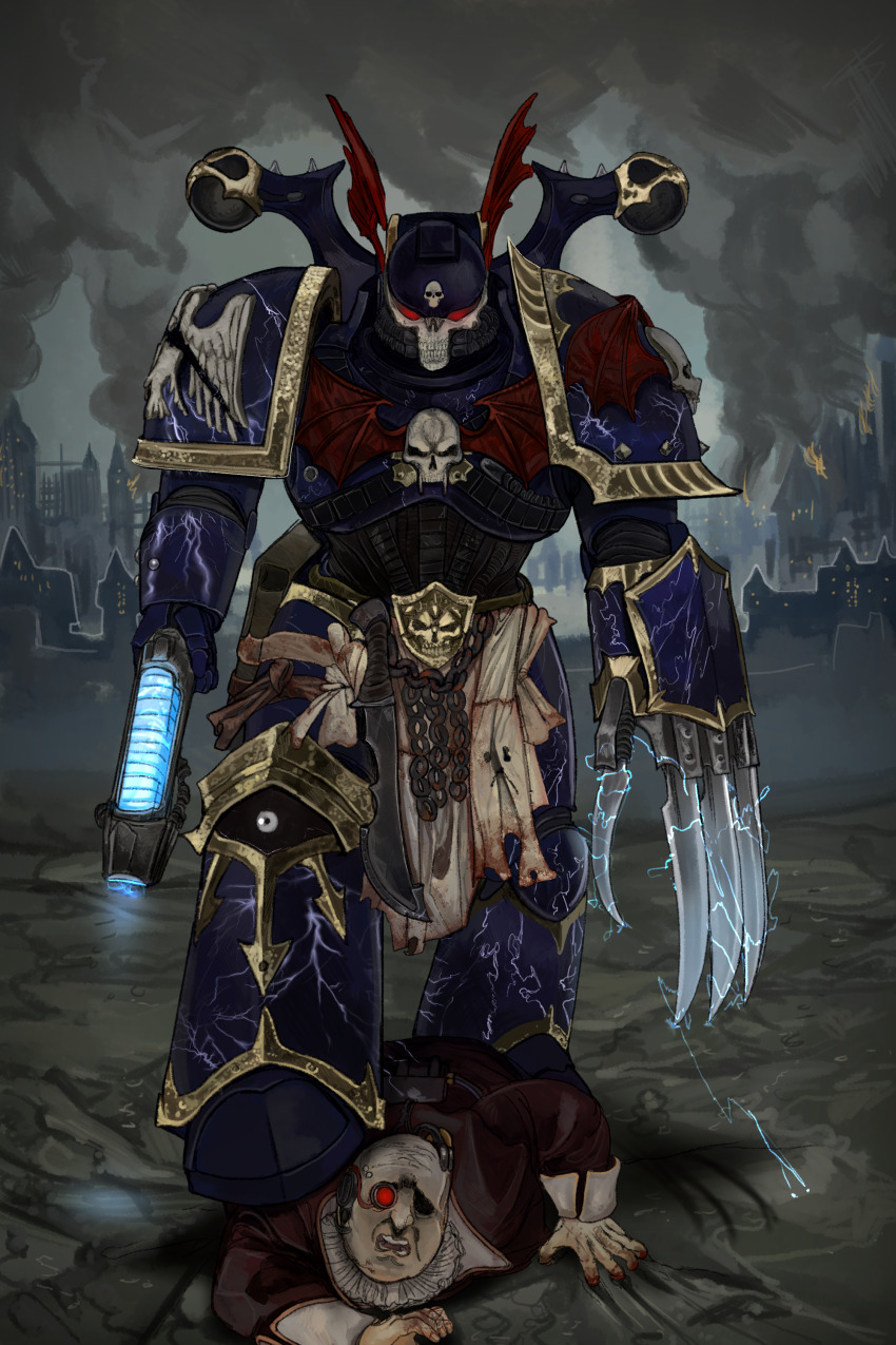2boys absurdres adeptus_astartes armor bald breastplate chain chaos_space_marine cityscape collar crawling d: frilled_collar frills full_armor gauntlets head_wings helmet highres imminent_death kkghost_tv leg_armor lightning_claw loincloth multiple_boys night_lords open_mouth pauldrons plasma_pistol power_armor scared shoulder_armor single_gauntlet single_mechanical_eye skull standing_on_another&#039;s_back teeth warhammer_40k wings