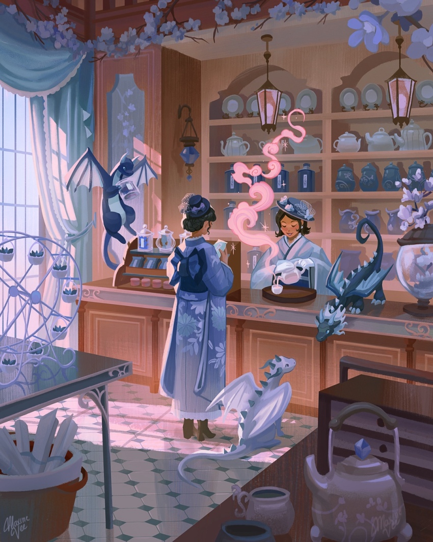 2girls back_bow basket black_hair blue_bow blue_flower blue_hat blue_kimono blue_scales boots bow brown_boots brown_hair closed_eyes commentary cup curtains display_case dragon dragon_wings earrings english_commentary fascinator flower flying food food_packaging glass_teapot gloves hair_bun hanging_lantern hat hat_bow highres holding holding_food holding_jar holding_teapot indoors japanese_clothes jar jewelry kimono mane maxine_vee medium_hair multiple_girls obi on_counter original parted_lips pitcher_(container) plate purple_bow purple_flower sash scroll short_hair signature sitting small_dragon smile sparkle standing steam table teacup teapot tile_floor tiles tray vase white_gloves window window_shadow wings