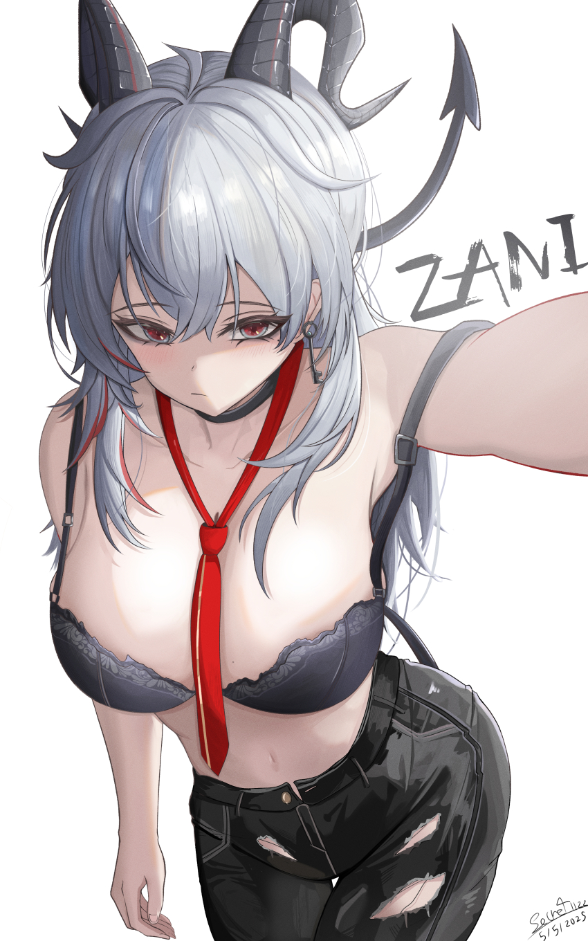 1girl absurdres bare_shoulders black_bra black_choker black_eyes black_horns black_pants black_tail blush bra breasts character_name choker closed_mouth collarbone commentary cowboy_shot curled_horns dated demon_tail earrings grey_hair highres horns jewelry key_earrings large_breasts long_hair multicolored_eyes navel necktie no_shirt pants red_eyes red_necktie secret1122 signature simple_background solo stomach tail two-tone_eyes underwear white_background wuthering_waves zani_(wuthering_waves)