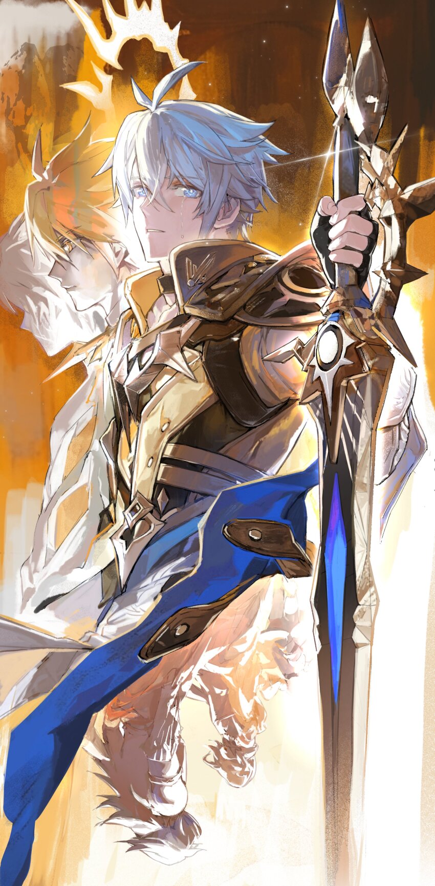 1girl 4boys absurdres alternate_form antenna_hair armor black_choker black_gloves black_shirt blonde_hair blue_cape blue_eyes cape character_request chinese_commentary choker coat commentary_request crying crying_with_eyes_open fingerless_gloves gloves hair_between_eyes halo halo_behind_head highres holding holding_sword holding_weapon honkai:_star_rail honkai_(series) male_focus multiple_boys multiple_persona mydei_(honkai:_star_rail) parted_bangs parted_lips pauldrons phainon_(honkai:_star_rail) shirt short_hair shoulder_armor silhouette single_pauldron sword tears weapon white_coat white_hair yellow_eyes yellow_halo yuu4127