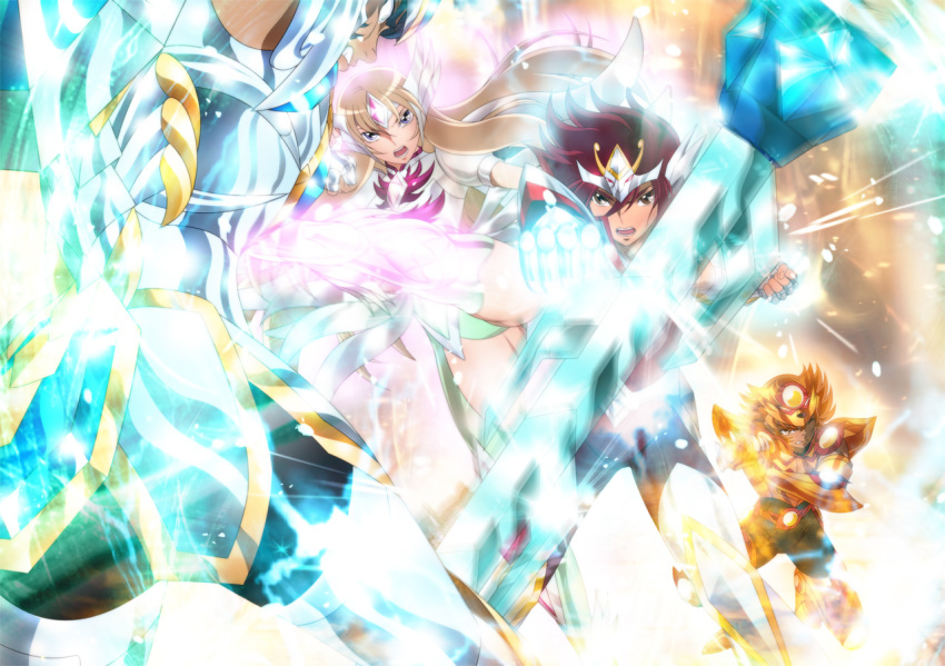 10s 1girl 3boys aquila_yuna armor armored_boots black_hair boots brown_eyes brown_hair lionet_soma long_hair multiple_boys orange_hair pegasus_koga red_hair saint_seiya saint_seiya_omega short_hair spiked_hair yadokari_genpachirou