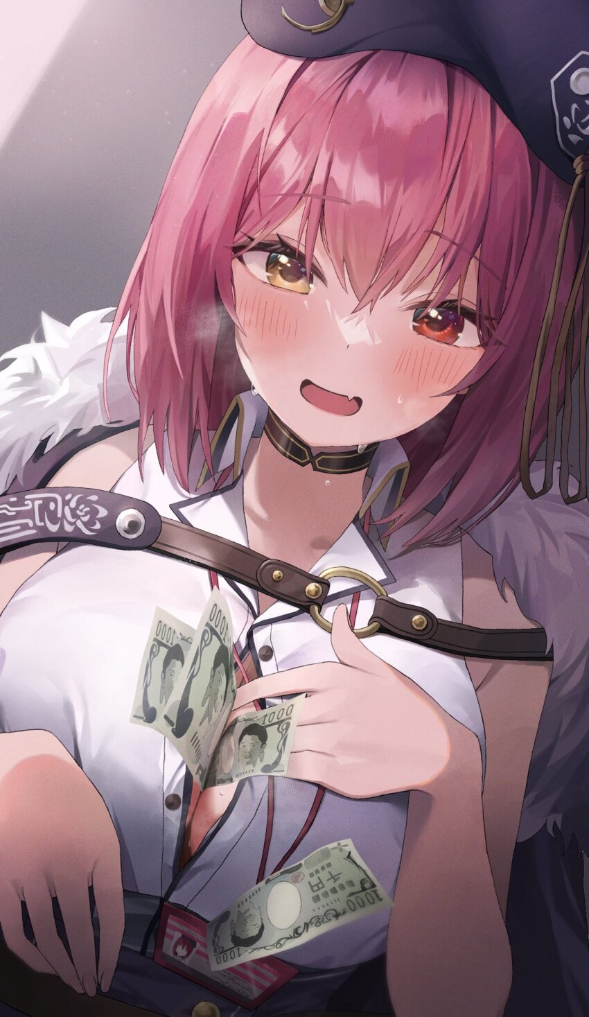 1girl banknote beret between_breasts black_choker blue_hat blush bob_cut breasts button_gap choker coat coat_on_shoulders collared_shirt fang fur-trimmed_coat fur_trim hair_between_eyes hand_on_own_chest hat heterochromia highres hololive houshou_marine houshou_marine_(businesswoman) id_card lanyard large_breasts looking_at_viewer medium_hair money nel_dcm official_alternate_costume official_alternate_hair_length official_alternate_hairstyle open_mouth partially_unbuttoned red_eyes red_hair shirt skin_fang sleeveless sleeveless_shirt solo tucked_money underbust upper_body virtual_youtuber white_shirt yellow_eyes yen