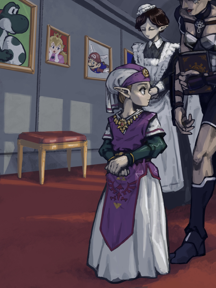 3girls apron blonde_hair book brown_hair closed_eyes dress gus_uur hallway hat headdress holding holding_book impa indoors looking_to_the_side maid mario mario_(series) multiple_girls nintendo painting_(object) pointy_ears princess_peach princess_zelda smile super_mario_64 tabard the_legend_of_zelda the_legend_of_zelda:_ocarina_of_time wing_mario yoshi young_zelda