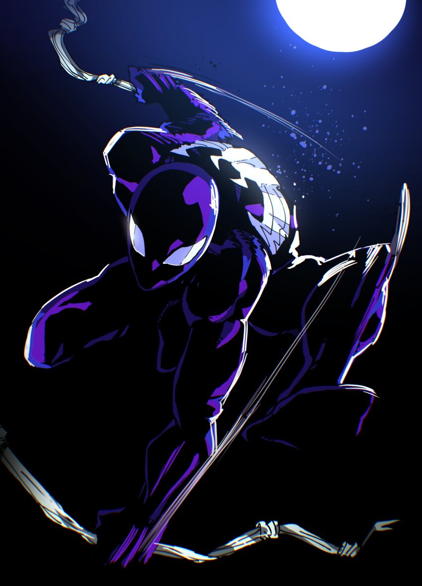 1boy absurdres animal_print black_background black_bodysuit black_theme bodysuit full_moon gradient_background highres isaacchief300 male_focus marvel mask moon moonlight motion_lines muscular muscular_male official_alternate_costume silk solo spider-man spider-man_(series) spider_print spider_web superhero_costume symbiote