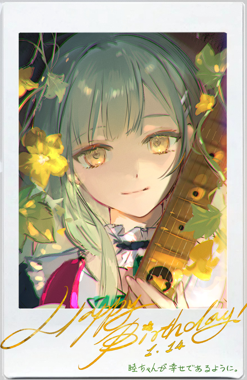 1girl bang_dream! bang_dream!_it&#039;s_mygo!!!!! blue_choker chinese_commentary choker commentary_request cucumber_plant dated electric_guitar fake_photograph flower frilled_choker frills green_hair guitar happy_birthday highres instrument revision sanmen solo wakaba_mutsumi