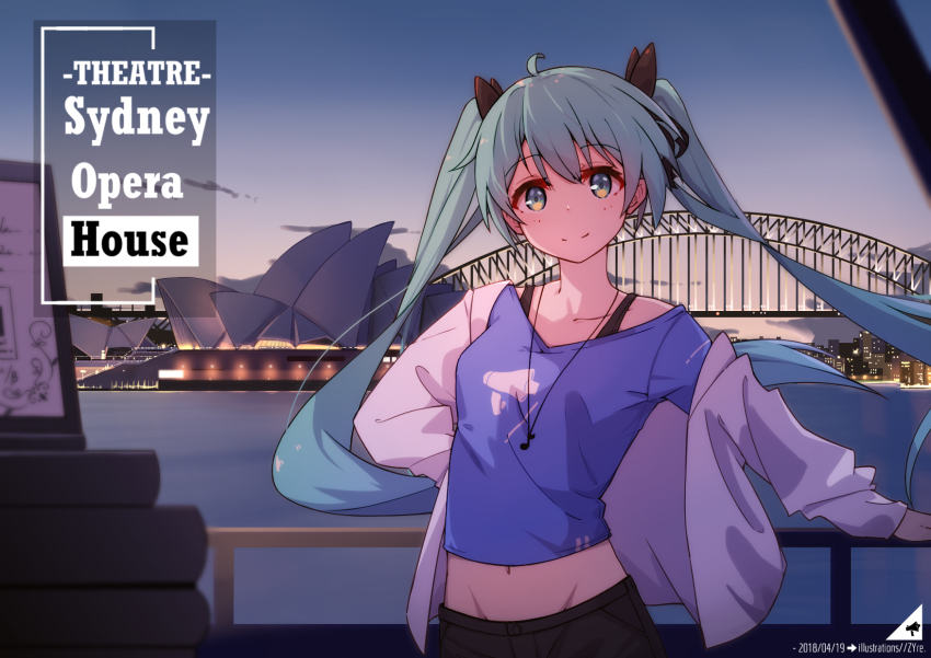 1girl ahoge artist_name australia black_ribbon blue_eyes blue_hair blue_shirt blue_sky blurry blurry_foreground bridge building casual cityscape closed_mouth cloud collarbone cowboy_shot dated day depth_of_field female_focus groin hair_ribbon hatsune_miku highres jacket jewelry landmark long_hair long_sleeves looking_at_viewer navel necklace off_shoulder open_clothes open_jacket railing real_world_location ribbon river shirt sky smile solo standing sydney sydney_(city) sydney_opera_house twintails very_long_hair vocaloid water white_jacket zhayin-san