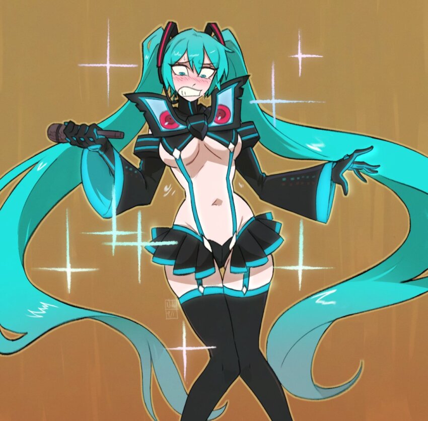 1girl artist_name black_gloves black_skirt black_thighhighs blush breasts clenched_teeth cosplay feet_out_of_frame garter_straps gloves green_eyes green_gloves green_hair hair_between_eyes hair_ornament hatsune_miku holding holding_microphone kamuify kill_la_kill long_hair long_sleeves matoi_ryuuko matoi_ryuuko_(cosplay) medium_breasts microphone navel orange_background senketsu skirt solo sparkle stomach teeth thighhighs twintails very_long_hair vocaloid zettai_ryouiki