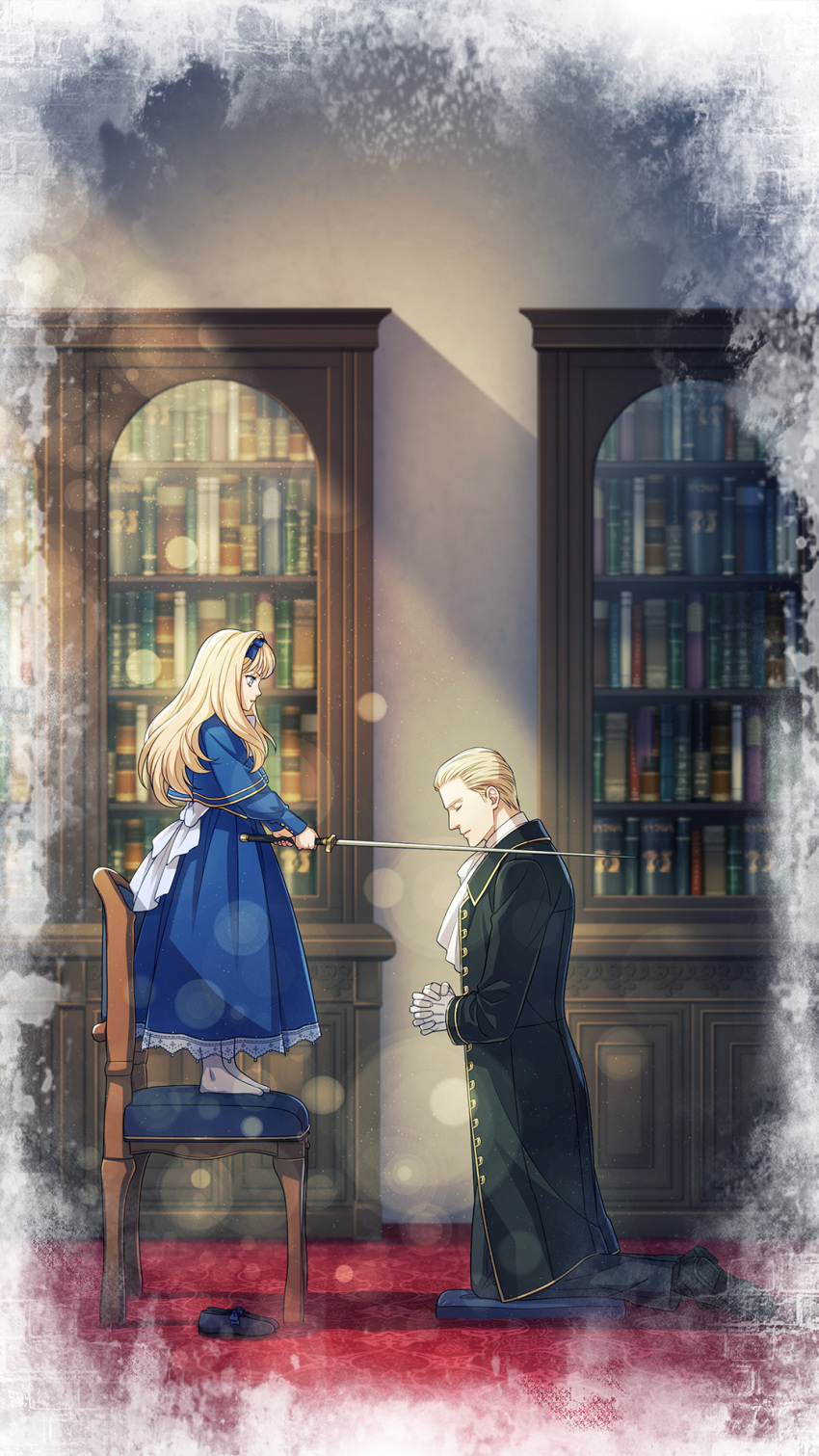 1boy 1girl aged_down black_coat black_footwear blonde_hair blue_bow blue_capelet blue_dress bookshelf bow capelet chair closed_eyes coat cyrus_faulkner dress gloves hair_bow hair_slicked_back highres holding holding_sword holding_weapon indoors kneeling long_hair on_chair pixiv_fantasia pixiv_fantasia_scepter_of_zeraldia profile red_carpet shima108 shoes standing standing_on_chair sword unworn_shoes weapon white_gloves