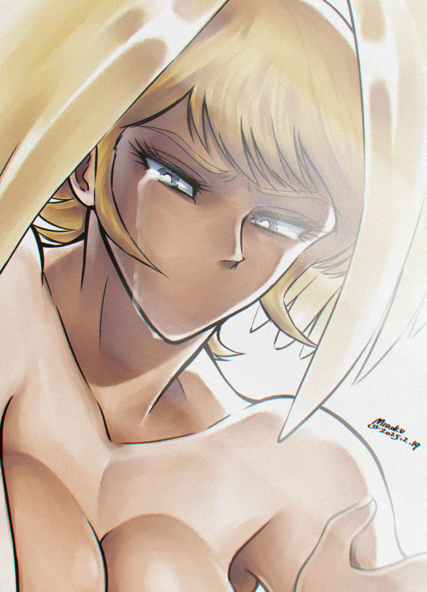 1other 2025 angel_wings bare_shoulders blonde_hair blue_eyes breasts crying crying_with_eyes_open dated devilman eyelashes head_wings highres large_breasts male_focus male_with_breasts miroku_(miroku_t) nagai_gou_(style) no_mouth nude official_style portrait satan_(devilman) short_hair sideburns single_tear tears wings