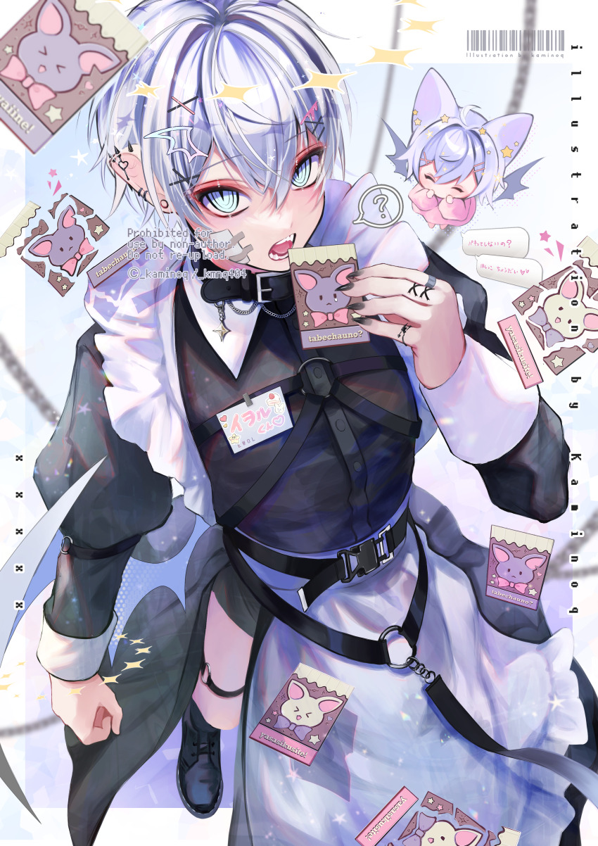2boys absurdres apron artist_name bandaid bandaid_on_cheek bandaid_on_face barcode black_dress black_nails black_shoes black_socks blue_eyes chest_harness chibi closed_eyes commentary_request crossdressing dress eating frilled_apron frills hair_between_eyes hair_ornament harness highres holding kaminoq long_sleeves looking_at_viewer maid male_focus male_maid multiple_boys nail_polish open_mouth original purple_hair shoes short_hair slit_pupils socks standing teeth thigh_strap tongue white_apron x_hair_ornament