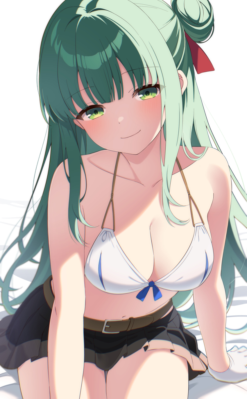 1girl absurdres bare_shoulders bed_sheet belt bikini bikini_top_only black_skirt blunt_bangs blush breasts brown_belt cleavage closed_mouth collarbone commentary_request cowboy_shot gloves green_eyes green_hair hair_bun hair_over_shoulder hair_ribbon halterneck highres large_breasts long_hair looking_at_viewer miniskirt natsu12113 nukigee_mitai_na_shima_ni_sunderu_watashi_wa_dou_surya_ii_desu_ka? pleated_skirt red_ribbon reizeiin_touka ribbon seductive_smile sidelighting sidelocks simple_background single_side_bun sitting skirt smile solo swimsuit very_long_hair white_background white_bikini white_gloves