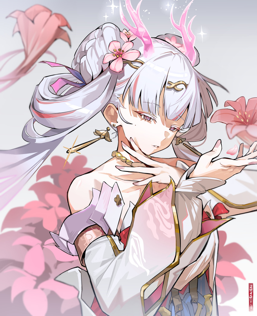 1girl absurdres bare_shoulders collarbone colored_eyelashes commentary detached_sleeves earrings eastern_dragon_horns flower flower-shaped_pupils gradient_ribbon hair_flower hair_ornament hair_ribbon half-closed_eyes hand_up highres horns jewelry jinhsi_(peach_blossom)_(wuthering_waves) jinhsi_(wuthering_waves) long_hair mole mole_on_cheek multicolored_hair official_alternate_costume parted_lips pink_flower pink_horns pink_petals pink_pupils pink_ribbon purple_ribbon ribbon shuishi_tidu solo streaked_hair symbol-shaped_pupils upper_body white_eyelashes white_eyes white_hair white_sleeves wuthering_waves