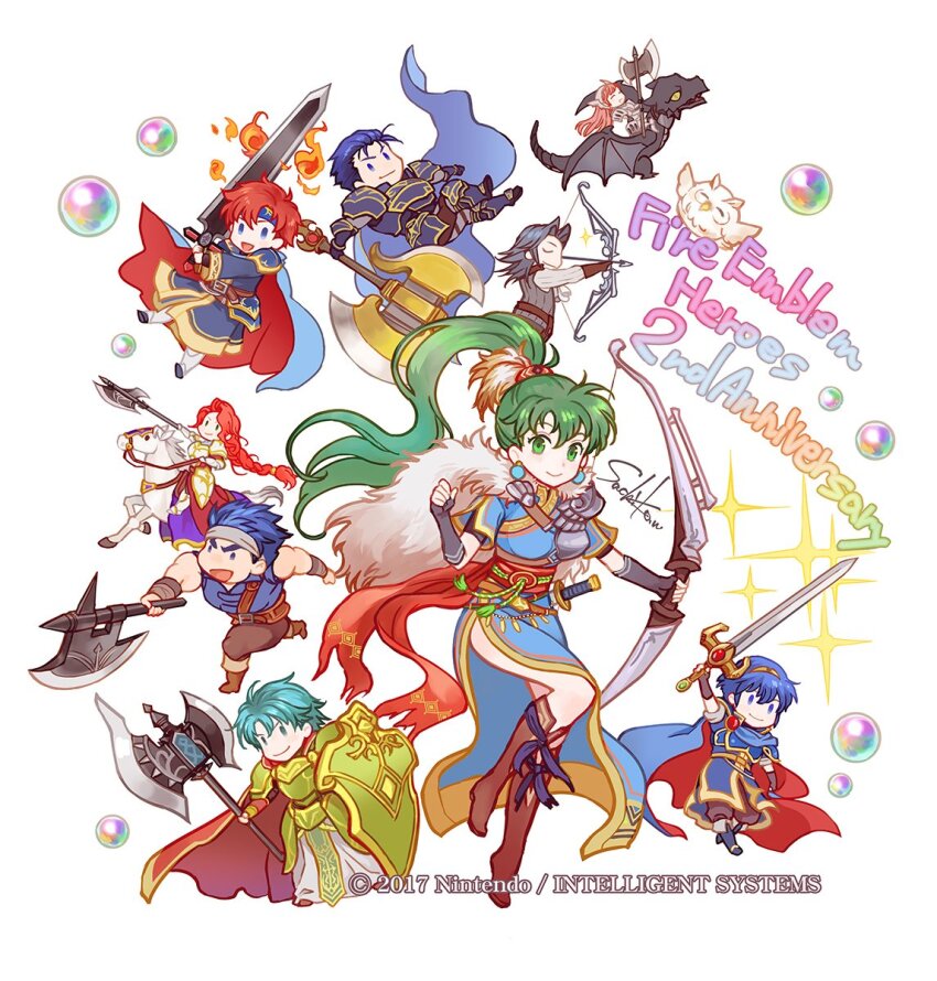 3girls 6+boys anniversary aqua_eyes aqua_hair armor axe barst_(fire_emblem) battle_axe bird blue_eyes blue_hair bow_(weapon) cape cherche_(fire_emblem) commentary company_name copyright_name deformed double-sided_axe dragon english_commentary english_text ephraim_(fire_emblem) ephraim_(sacred_twin_lord)_(fire_emblem) feh_(fire_emblem_heroes) fire_emblem fire_emblem:_mystery_of_the_emblem fire_emblem:_path_of_radiance fire_emblem:_the_binding_blade fire_emblem:_the_blazing_blade fire_emblem:_the_sacred_stones fire_emblem_awakening fire_emblem_heroes green_eyes green_hair grey_hair headband hector_(fire_emblem) highres holding holding_axe holding_bow_(weapon) holding_shield holding_sword holding_weapon horse horseback_riding long_hair lyn_(fire_emblem) lyn_(lady_of_the_wind)_(fire_emblem) marth_(fire_emblem) multiple_boys multiple_girls nintendo official_art owl ponytail red_hair riding roy_(brave_lion)_(fire_emblem) roy_(fire_emblem) sash shield short_hair signature sword tiara titania_(fire_emblem) virion_(fire_emblem) wada_sachiko waist_sash weapon white_background wyvern
