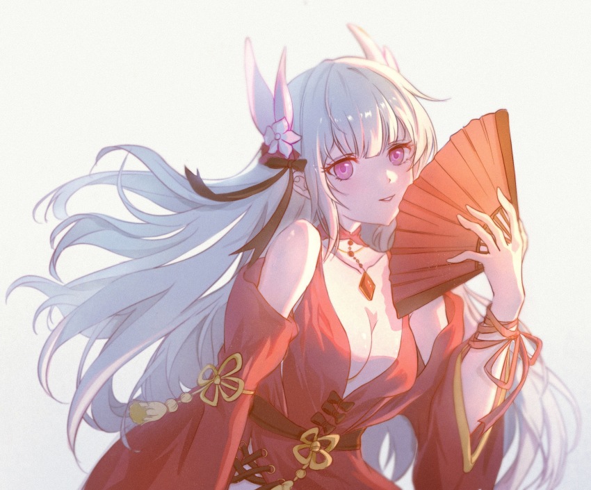 1girl alternate_costume arm_ribbon bare_shoulders black_bow bow breasts chinese_commentary cleavage cloudyman collarbone commentary detached_sleeves diamond_(shape) diamond_necklace dress floating_hair folding_fan gem grey_background hair_bow hair_ornament hand_fan highres holding holding_fan jewelry light_blush liv_(pgr) long_hair looking_at_viewer low-cut medium_breasts necklace parted_lips pink_eyes procreate_(medium) punishing:_gray_raven red_dress red_gemstone red_ribbon red_sleeves ribbon simple_background sleeveless sleeveless_dress smile solo upper_body white_hair wide_sleeves