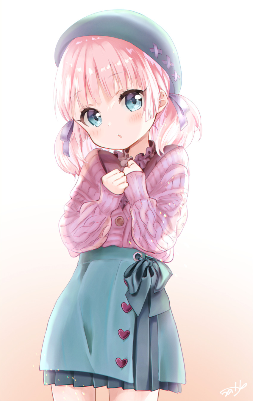 1girl beret blush bow bow_skirt cardigan cowboy_shot frilled_shirt_collar frills hair_ribbon hands_on_own_chest hat highres long_sleeves looking_at_viewer mearian open_mouth pink_cardigan ribbed_sweater ribbon skirt sleeves_past_wrists solo sweater twintails yoshikawa_chinatsu yuruyuri
