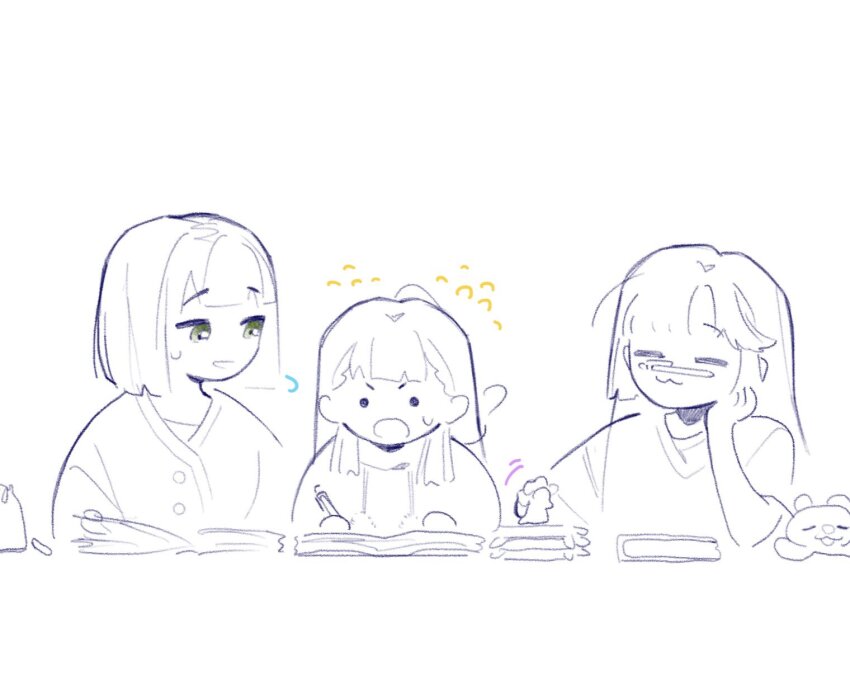 ._. 3girls :o anyoji_hime anyoji_hime_(summer_loungewear) balancing_on_nose bob_cut book braid center-flap_bangs commentary drawstring flying_sweatdrops green_eyes highres hood hoodie kachimachi_kosuzu kachimachi_kosuzu_(summer_loungewear) link!_like!_love_live! long_hair looking_at_another love_live! mechanical_pencil momose_ginko momose_ginko_(summer_loungewear) motion_lines multiple_girls open_book open_mouth pencil pipi_(m1x_mix) short_hair side_braids simple_background studying symbol-only_commentary upper_body v-shaped_eyebrows virtual_youtuber white_background
