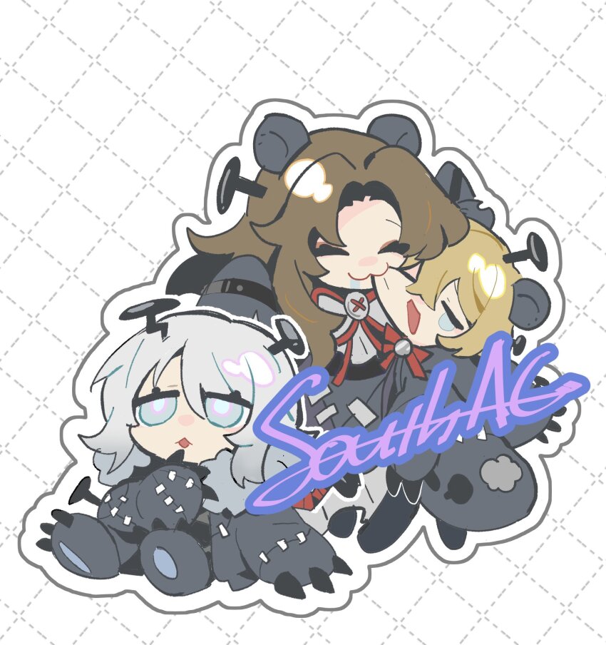 1boy 2girls animal_ears bear_claws bear_ears blonde_hair blue_eyes bow bowtie brown_hair chibi coat crying e.g.o_(project_moon) faust_(project_moon) full_body fur_trim grey_coat hex_nail_(e.g.o) highres limbus_company looking_at_another looking_at_viewer multiple_girls nail_(hardware) pants paw_sleeves project_moon red_bow red_bowtie rodion_(project_moon) short_hair simple_background sinclair_(project_moon) south_ac standing stitches white_background white_hair