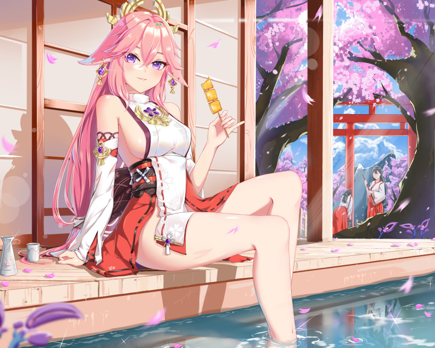 3girls absurdres bare_legs bare_shoulders blue_dress bottle breasts building cherry_blossoms choko_(cup) cup detached_sleeves dress food genshin_impact highres japanese_clothes katsuboys legs long_sleeves looking_at_viewer medium_breasts miko multiple_girls outdoors partially_submerged pink_hair purple_eyes sake_bottle sideboob smile tofu tree yae_miko