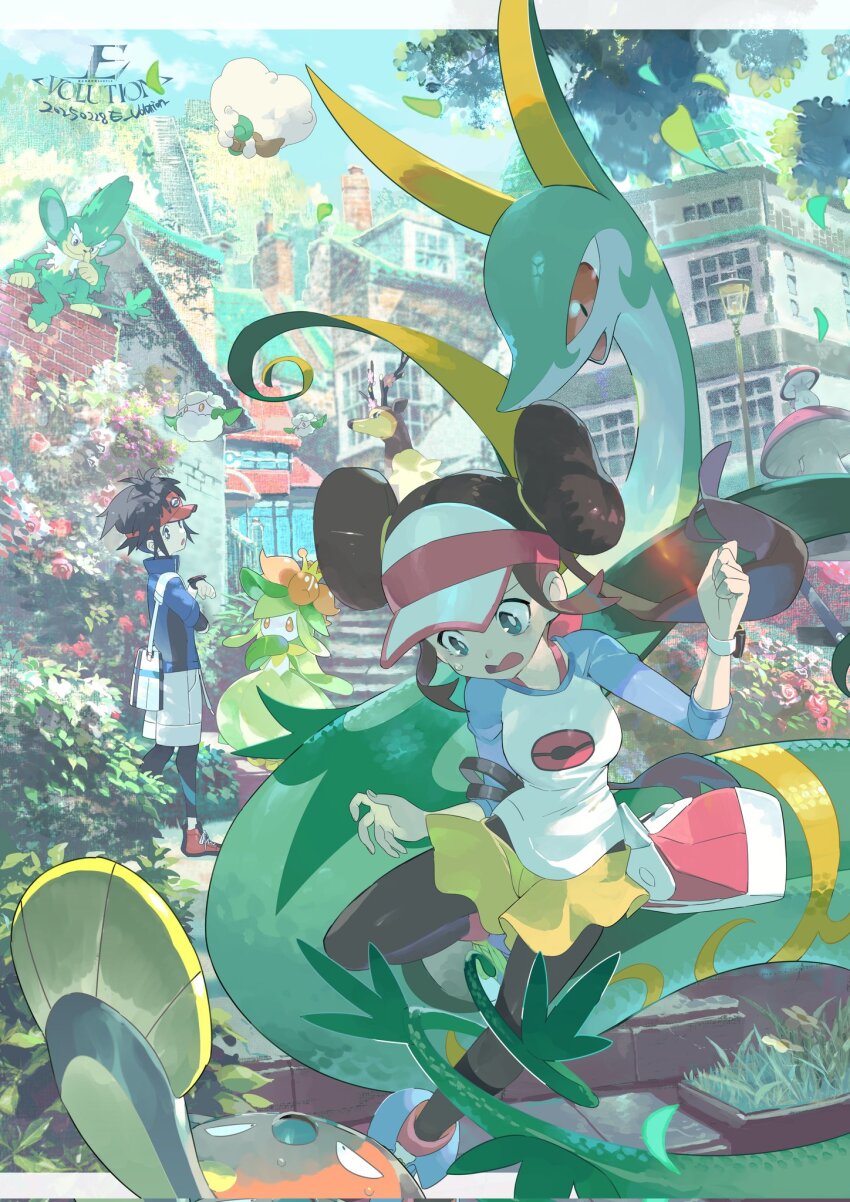 1boy 1girl artist_name black_pantyhose blue_eyes brown_hair character_request e_volution gen_5_pokemon group_picture highres leaf lilligant mushroom nate_(pokemon) nature nintendo outdoors pantyhose pokemon pokemon_bw2 red_eyes rosa_(pokemon) serperior shorts snake white_shorts