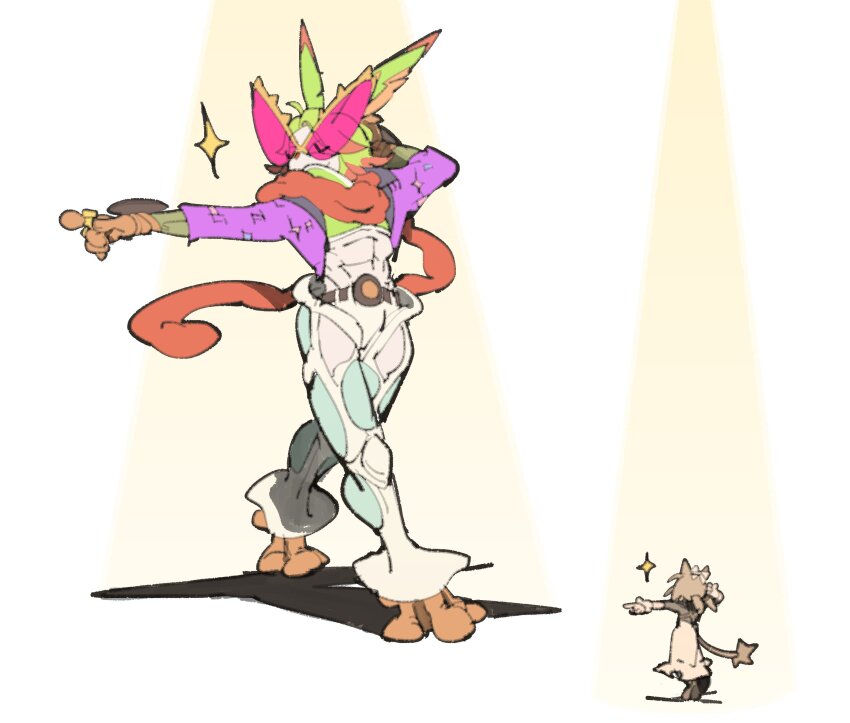 1boy 1girl absurdres animal_ears brown_hair cat_ears cat_girl cat_tail closed_eyes colored_skin commentary dancing_green dress english_commentary final_fantasy final_fantasy_xiv giant glasses green_hair highres jacket male_focus miqo&#039;te pointing purple_jacket rabbit_ears short_twintails simple_background size_difference solo_focus sparkle spotlight tail temmie_chang temmie_chang_(character) twintails viera warrior_of_light_(ff14) white_background white_skin