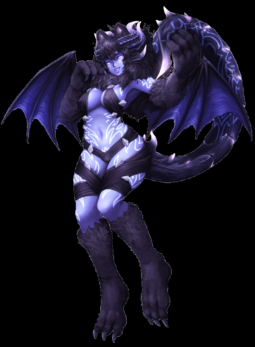 1girl animal_ears barbariank bat_wings black_hair blue_sclera blue_skin breasts claws colored_sclera colored_skin fangs female_focus fingernails full_body fur heroes_of_might_and_magic highres horns long_fingernails looking_at_viewer manticore might_&amp;_magic_x:legacy might_and_magic might_and_magic:heroes_vi monster_girl navel open_mouth personification scorpion_tail signature slit_pupils smirk solo tail tattoo transparent_background white_eyes wings